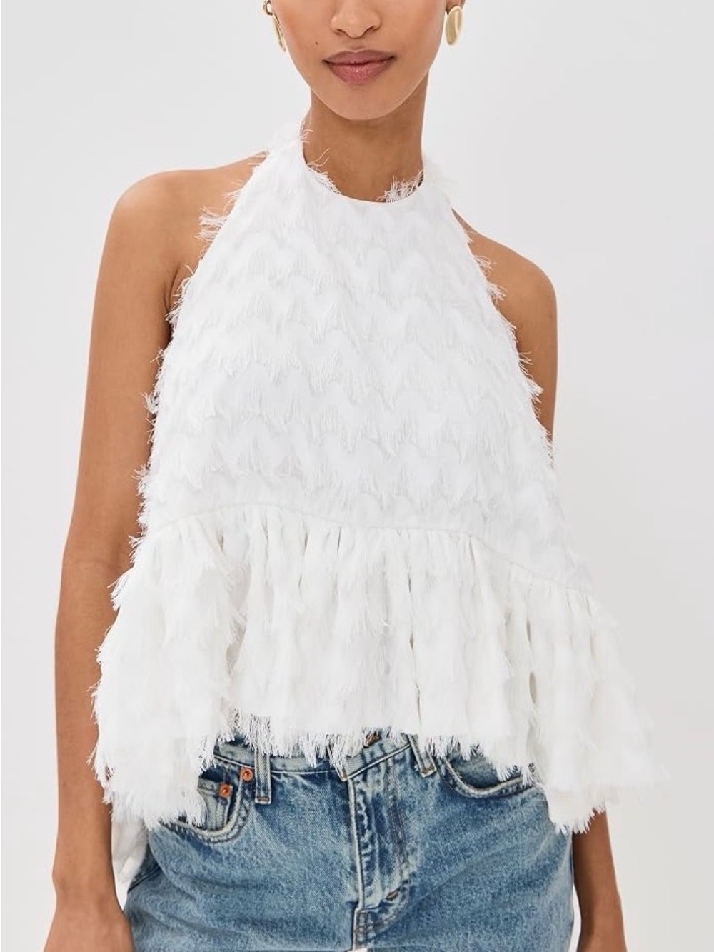 Azeeza White Textured Halter Ruffle Tank Top